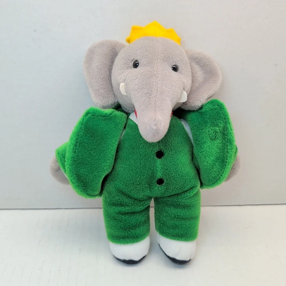 Vintage 1988 Babar the Elephant Plush Gund Green Suit Yellow Crown 8 inch Toy